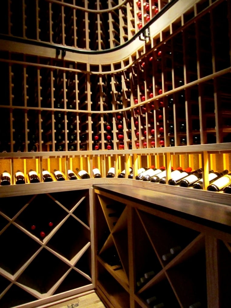 Wooden wine racks installed in a home wine cellar by San Francisco Builders