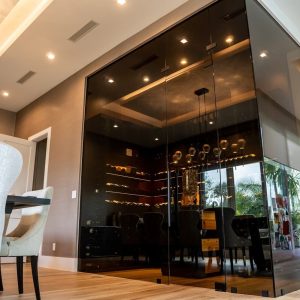 29 - This amazing modern home wine cellar makes excellent use of smoky glass walls and doors.